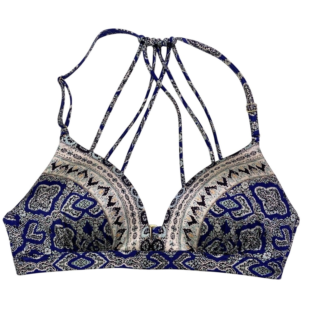 Athleta XXS black aqualuxe strappy racerback molded Blue paisley cups bikini top